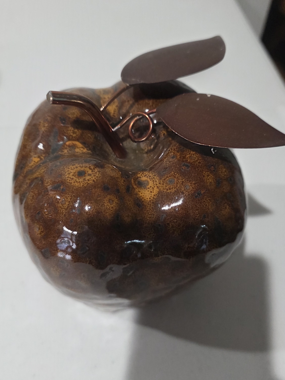 Decorative Brown Glazed Ceramic Apple with Metal Leaves - Home Art
